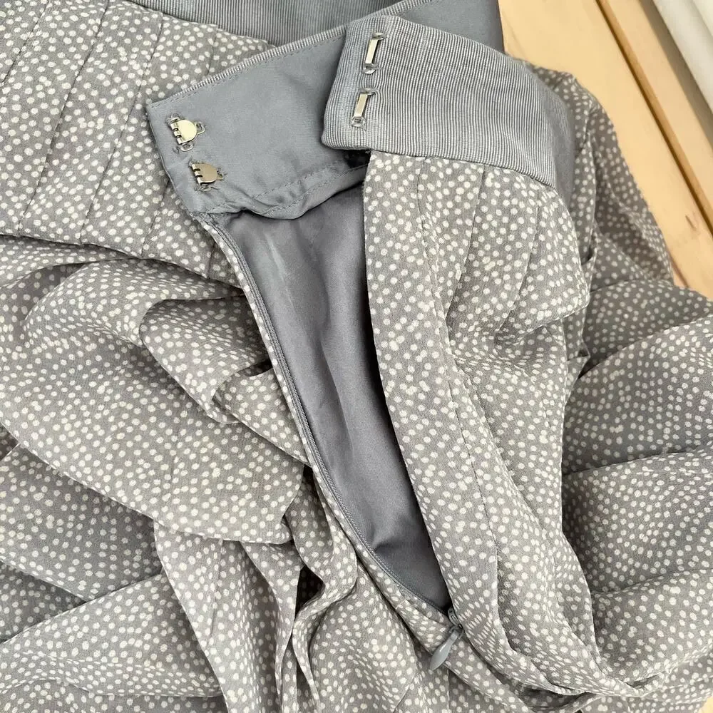 Club Monaco Silk Pleated Polka Dot Midi Skirt in‎ Gray and White, Size 2